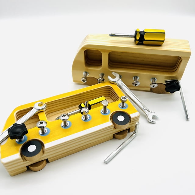 Montessori Screw Bolts Wooden Busy Bus Tool Set - Kid Mini Screwdriver Wrench