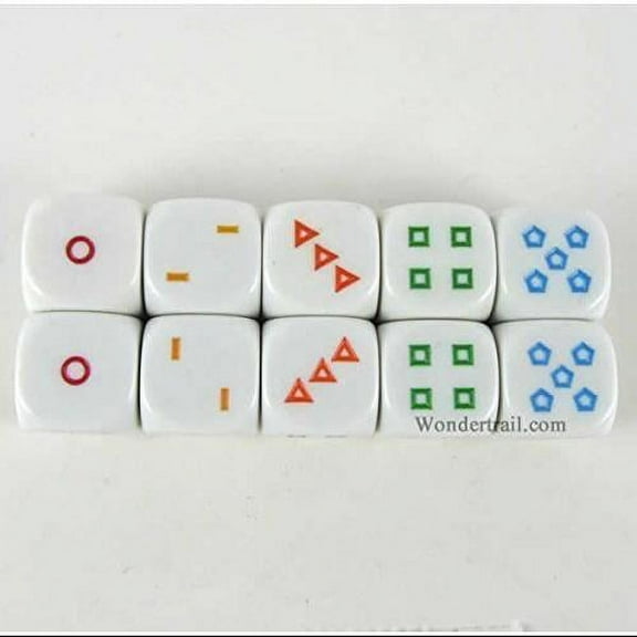 Koplow Games Pack of 10 16mm Educational Color Shapes 1-6 Dice - White with Multicolor Shapes #18008