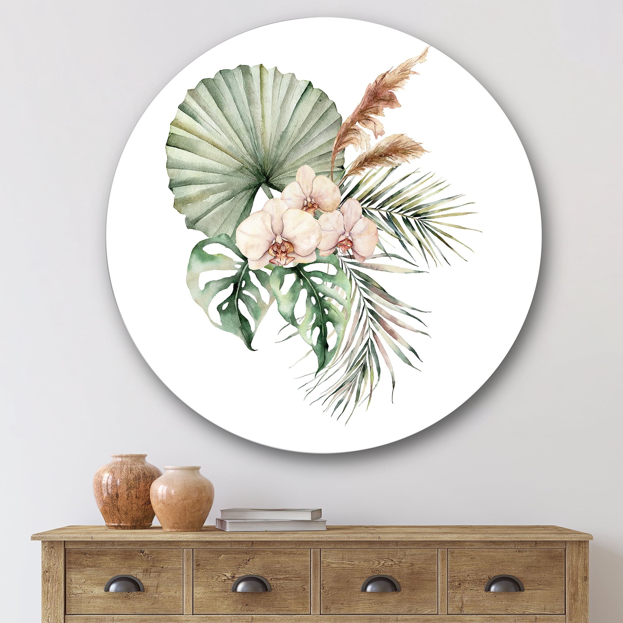Designart 'Tropical Bouquet With Palm Orchids Leaves' Traditional Circle Metal Wall Art 29x29 - Disc of 29