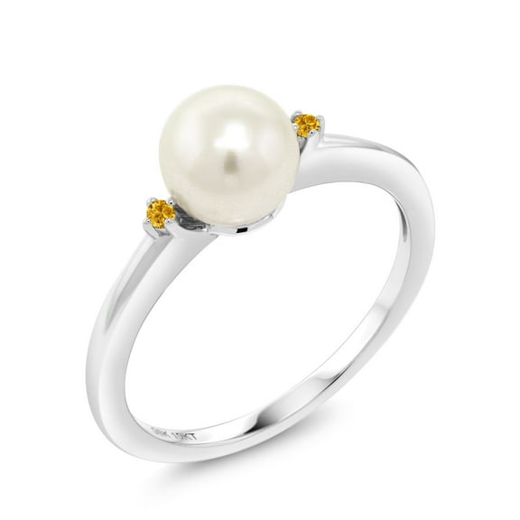 Gem Stone King 10K White Gold 7mm Cultured Freshwater Pearl Women Engagement Ring with Yellow Created Sapphire (Size 7)