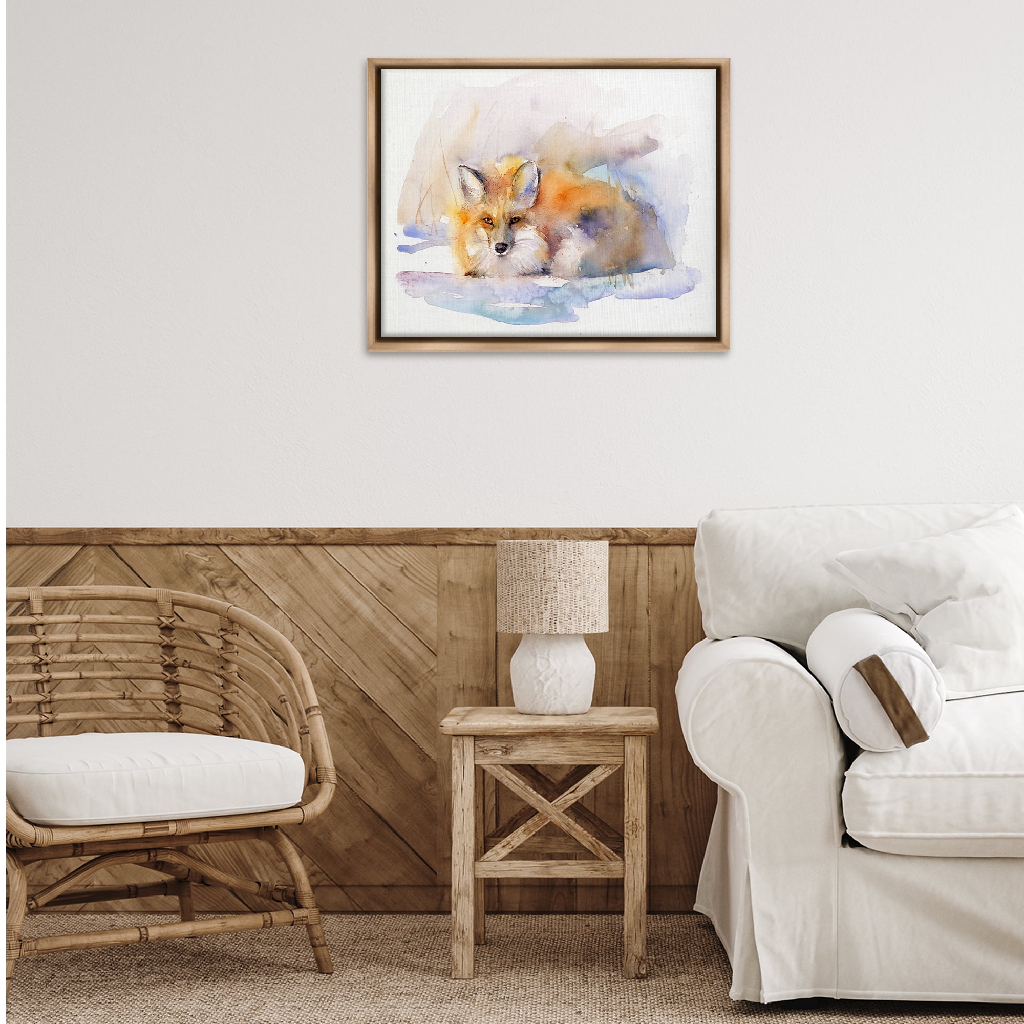 Stupell Industries Fox Sleeping in Snow Animals & Insects Painting Brown Floater Framed Canvas Art Print Wall Art, 31 x 25
