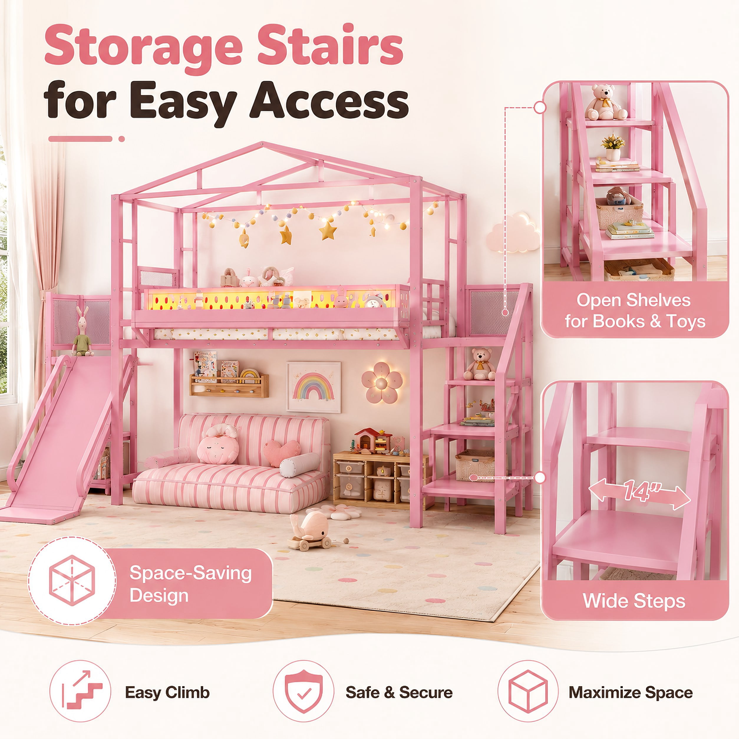Aukfa Twin Loft Bed with Storage Stairs, Slide, Shelves, USB Ports and LED Lights, Metal Loft Bed for Kids, Noise-Reduced Design, Pink