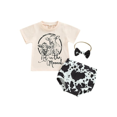 

Toddler Baby Girls Clothes Sets 3pcs Short Sleeve Cow Bull Floral Print Tops Short Pants Headband Casual Outfits
