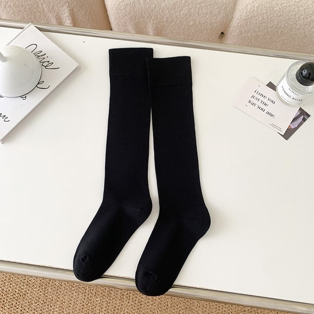 Xiao Hua 3 pares de calcetines casuales de tubo de algodón hasta la rodilla para mujer, de punto liso, largos hasta la rodilla, regalo para toda la temporada, elásticos, suaves (negros)