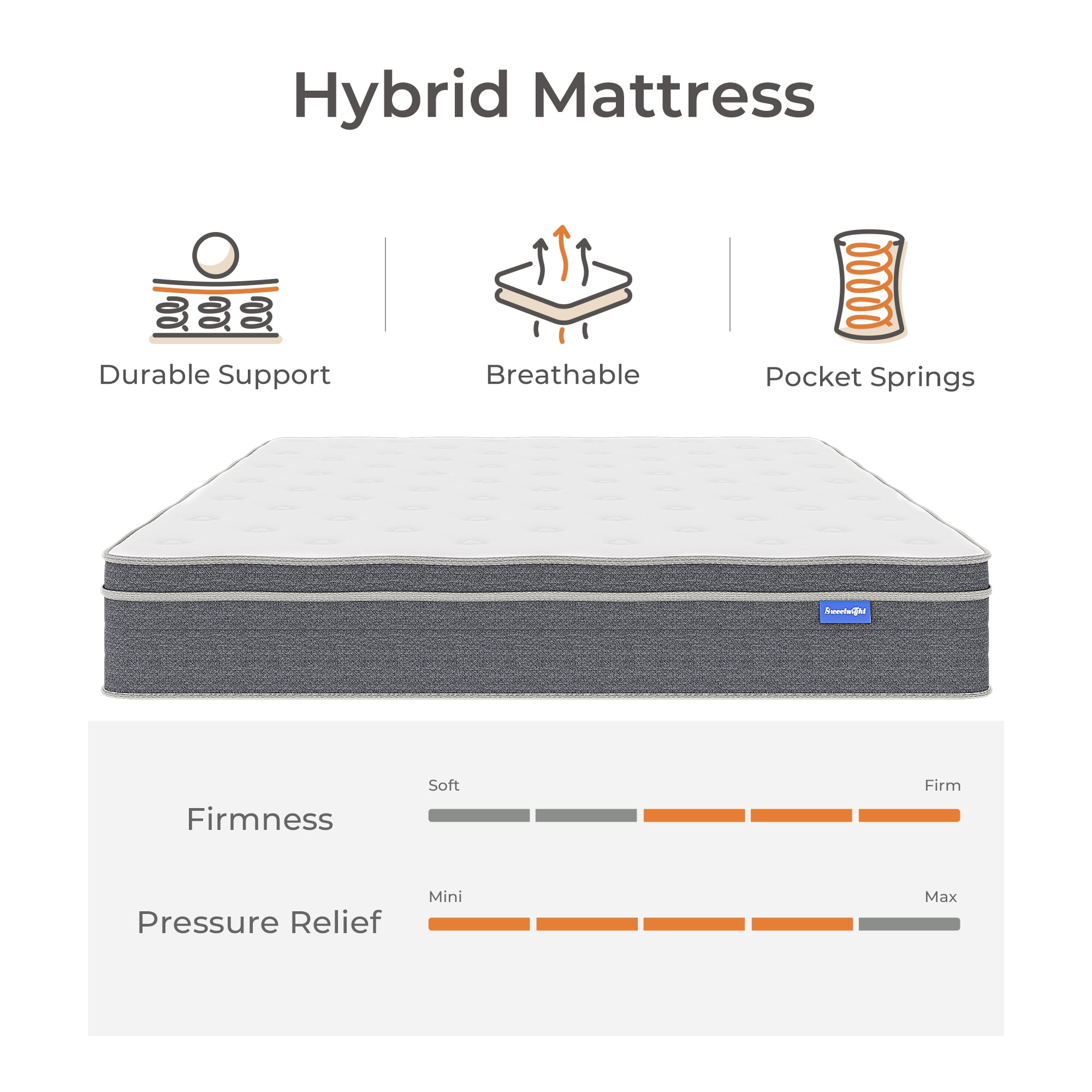 Sweetnight 12" Adult Gel Memory Foam Hybrid Mattress with Medium Firm Pillow Top, Queen Mattresses