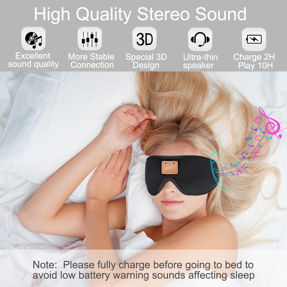 Sleep Headphones Bluetooth Sleep Mask, 3D Sleeping Eye Mask with Built-in Sponge Speakers, Wireless Bluetooth Headphones Sleep Mask for Sleeping, Napping, Travelling, Yoga, Meditation (Black)