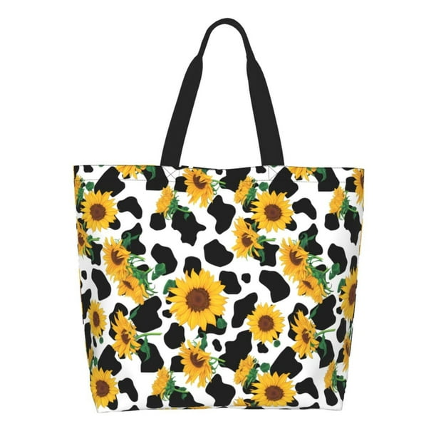 Disketp Cute Cow Print Sunflower A Bolsa Tote Estampada para Mujer, Bolso de Hombro y de Mano para Compras y Viajes