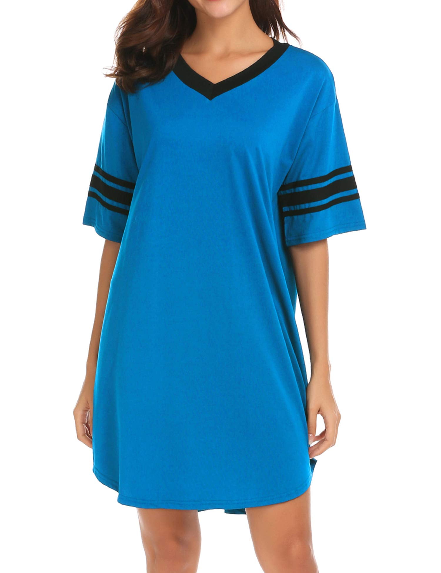 FOLUNSI Women's Nightgown, Cotton Sleep Shirt V Neck Short Sleeve Loose