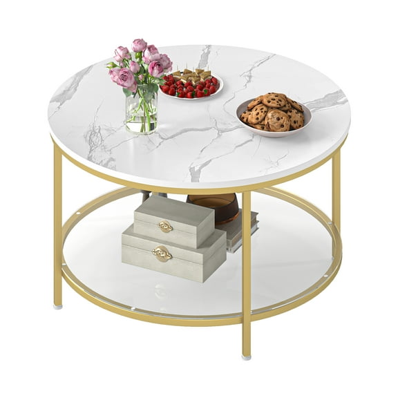 DEXTRUS 2-Tier Round Coffee Table Marble Center Cocktail Table with Glass Open Storage Shelf, White