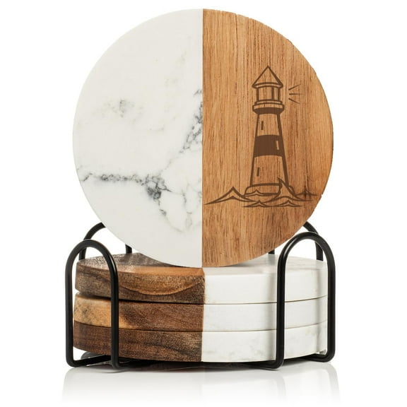 Set of 4 Drink Coasters with Holder Gift Lighthouse (Acacia Wood & Marble)