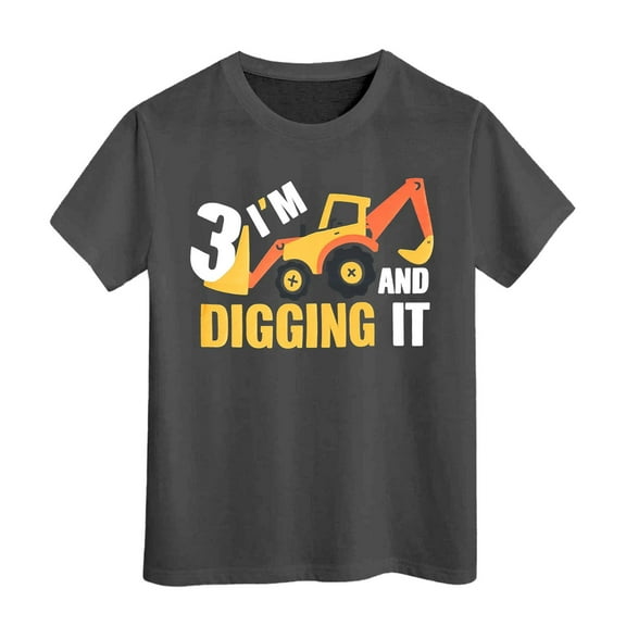 Toddler Boy Shirt Short Sleeve Top Cute Cartoon Car Truck Excavator Shirt Gentleman Tops T-Shirts Infant To Big Kid 6-7 Years Grey