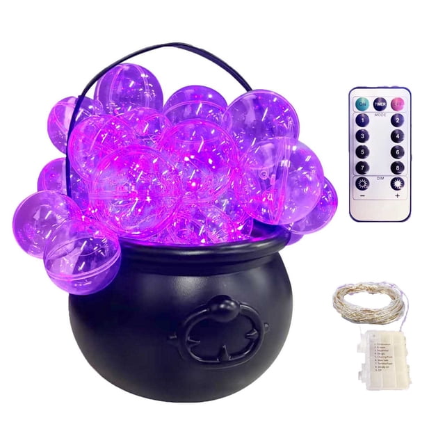 Maplenight Halloween Witch Cauldron Set - Remote Controlled LED Flashing Lights for Halloween Decor - DIY Spooky Party Centerpiece with Bubbling Fog (Battery Powered) Purple