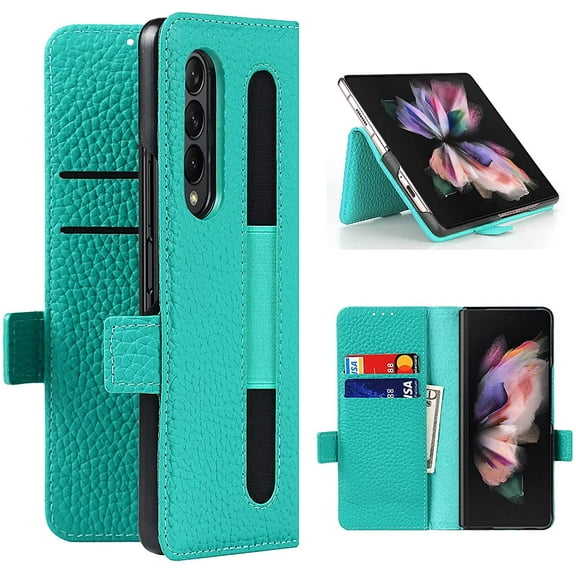 Compatible with Samsung Galaxy Z Fold 3 Wallet Case, Galaxy Z Fold 3 Case with S Pen Holder, Z Fold 3 5G Case with Card Slots Holder, Genuine Leather Flip Cover Case for Galaxy Z Fold3 (Green)