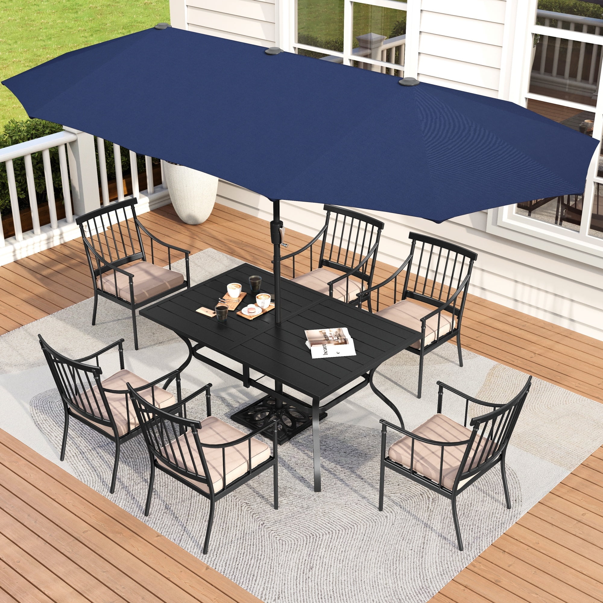 MF Studio 8-Piece Outdoor Patio Dining Set with 13 ft Umbrella, Cushioned Chairs & Large Table for 6-Person, Black & Navy Blue