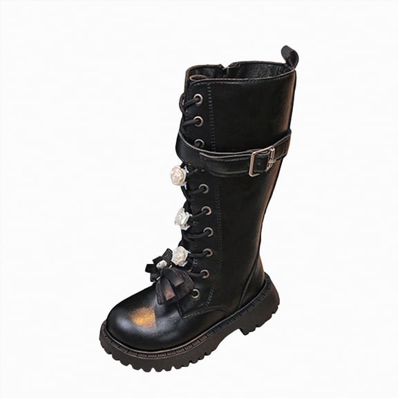 CAICJ98 Girls Boots Lace Up Combat Boots Mid Calf Boots PU Leather Side Zipper Punk Goth Cowgirl Booties Non Slip Kids Riding Boots (Little Kid/Big Kid),13