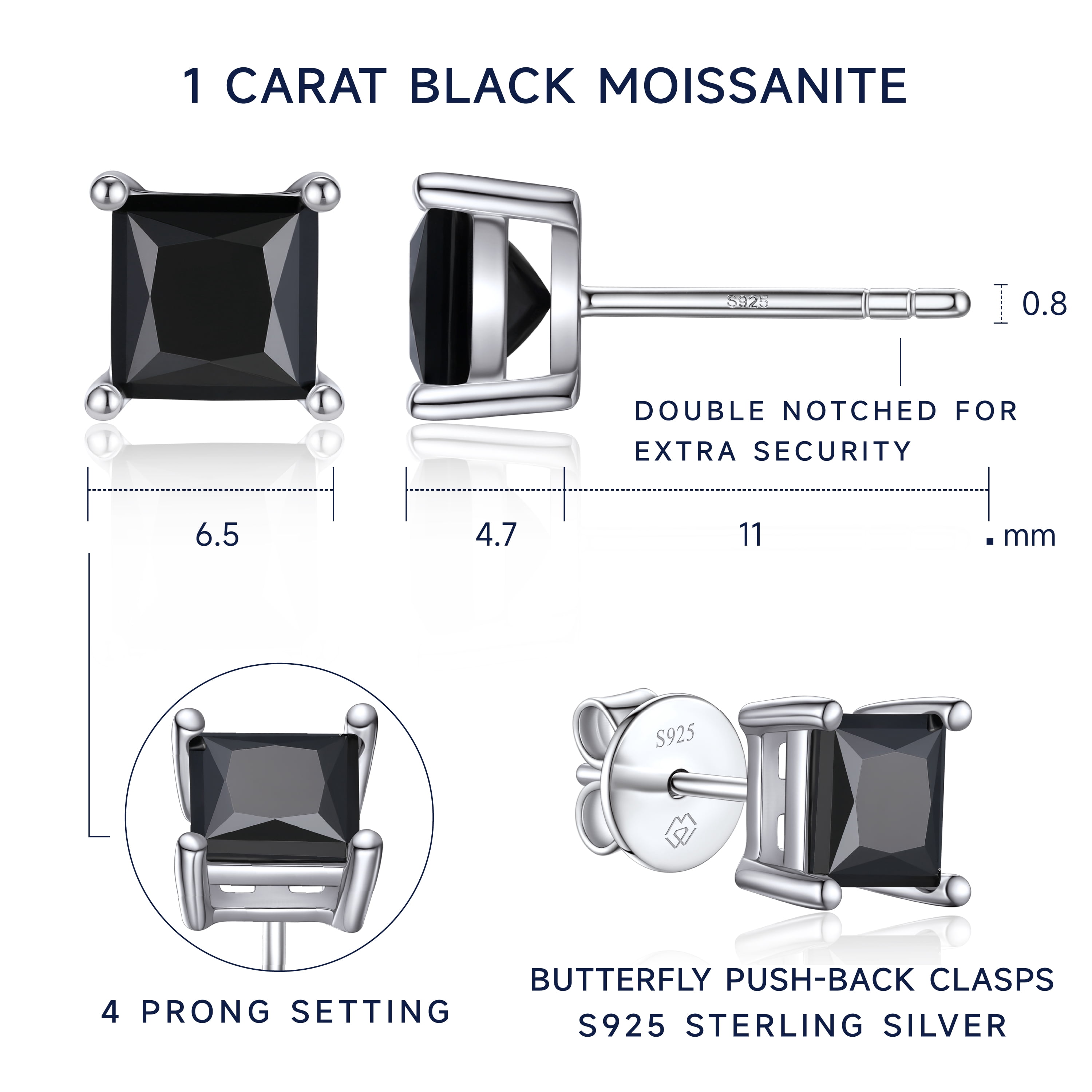 MomentWish 2 Carat Black Moissanite Solitaire Stud Earrings, D Color VVS1 Simulated Diamond 925 Sterling Silver Earrings For Men Women