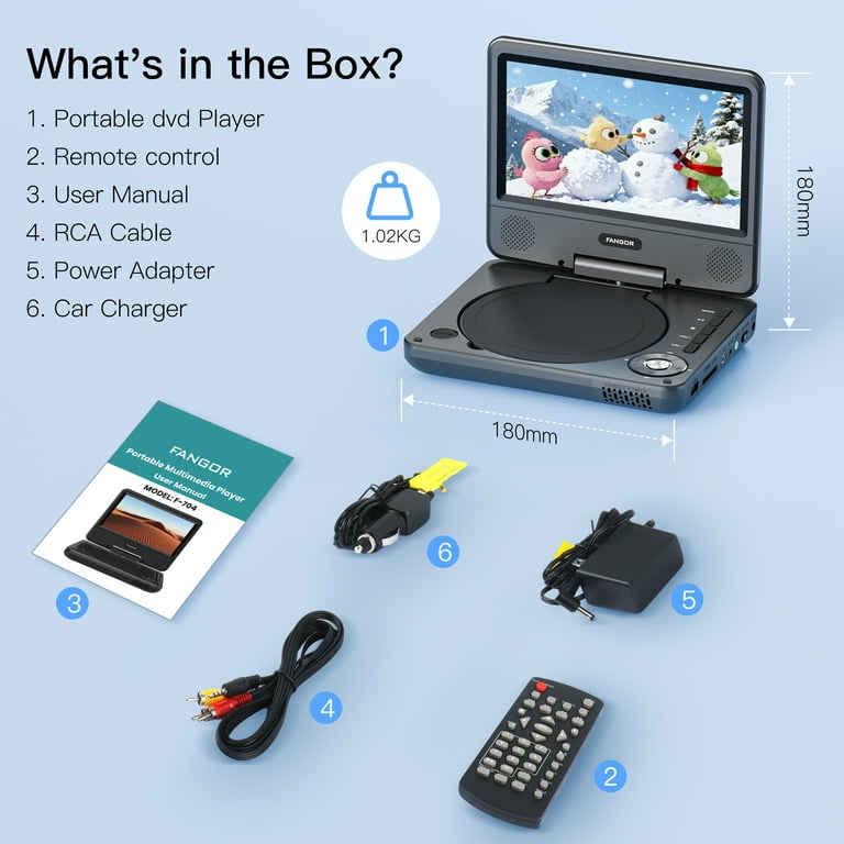 FANGOR Portable DVD Player, 9.5inch Kids CD dvd player with 7in