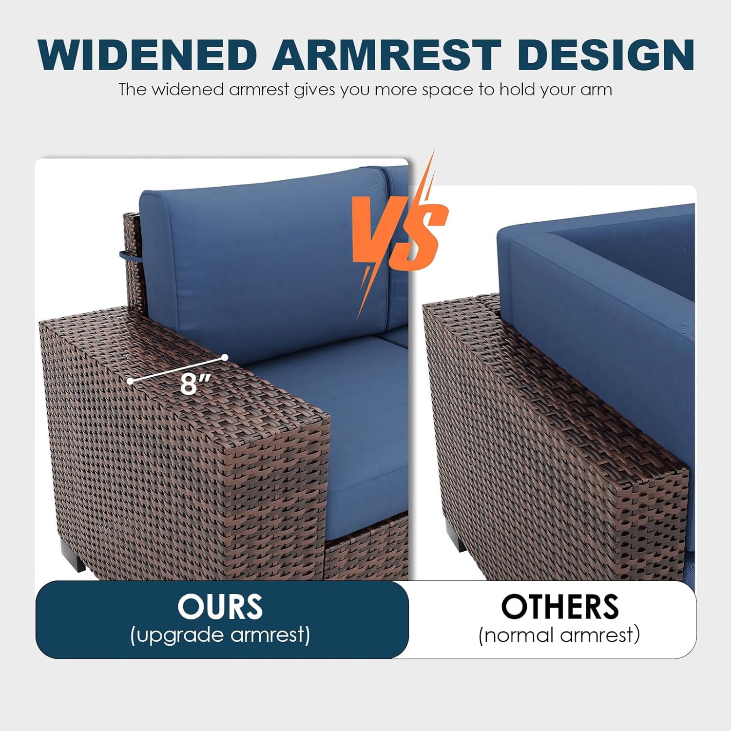 ELPOSUN Outdoor Sectional Furniture Set with Fire Pit Table, 7-Piece Brown Rattan Wicker Conversation Sofa Set for Porch Garden Backyard Balcony,Blue