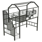 Euroco Twin Loft Bed with Cabinet, Solid Metal House Bed for Kids Teens, Black
