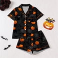 thumbnail image 2 of MEZZALL Women Halloween Pumpkin Print Pajama Set Lapel Collar Button Closure Chest Pocket Short Sleeve Tops With Elastic Waist Shorts Loungewear Sleepwear For Holiday 2 Piece Trendy Pjs, 2 of 9