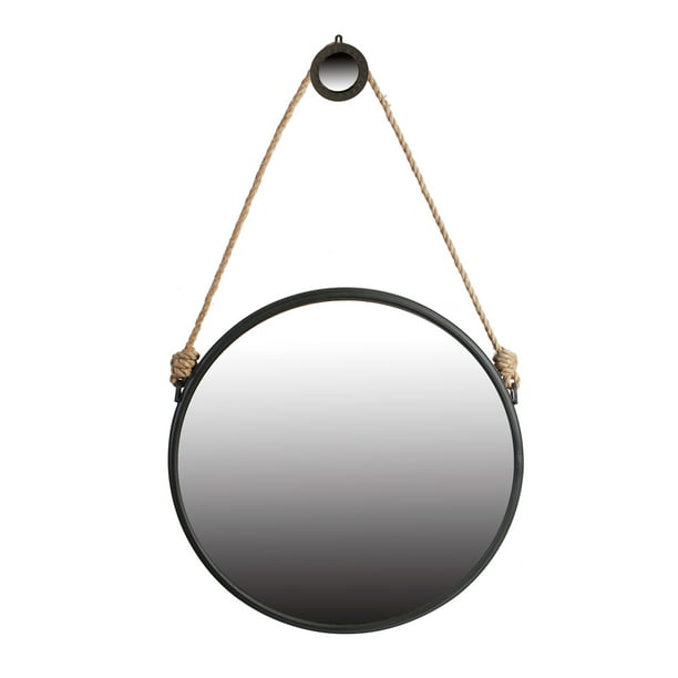 Cleveland Rope Strap Mirror With Hanger, Large Black Round Mirror With Rope