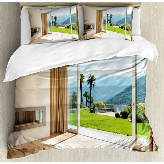 Ambesonne Home Duvet Cover Set, Room Scenic View, King, Pale Brown Green White