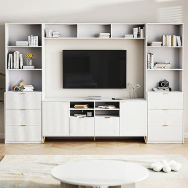 Miekor 4-Piece Entertainment Wall Unit with 13 shelves,8 Drawers and 2 Cabinets, Multifunctional TV Stand Media Storage Cabinet with Fluted Line Surface for Living Room, for TVs Up to 70" BS8405