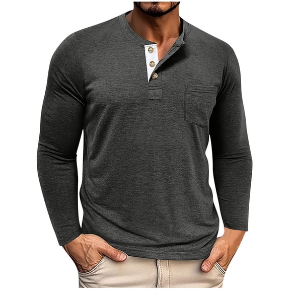LWITHSZG Henley Shirts for Men Casual Loose Long Sleeve Tops Soft Comfy Pullover Fall Fashion Solid Button Basic Tees with Pocket Size 3X-Large