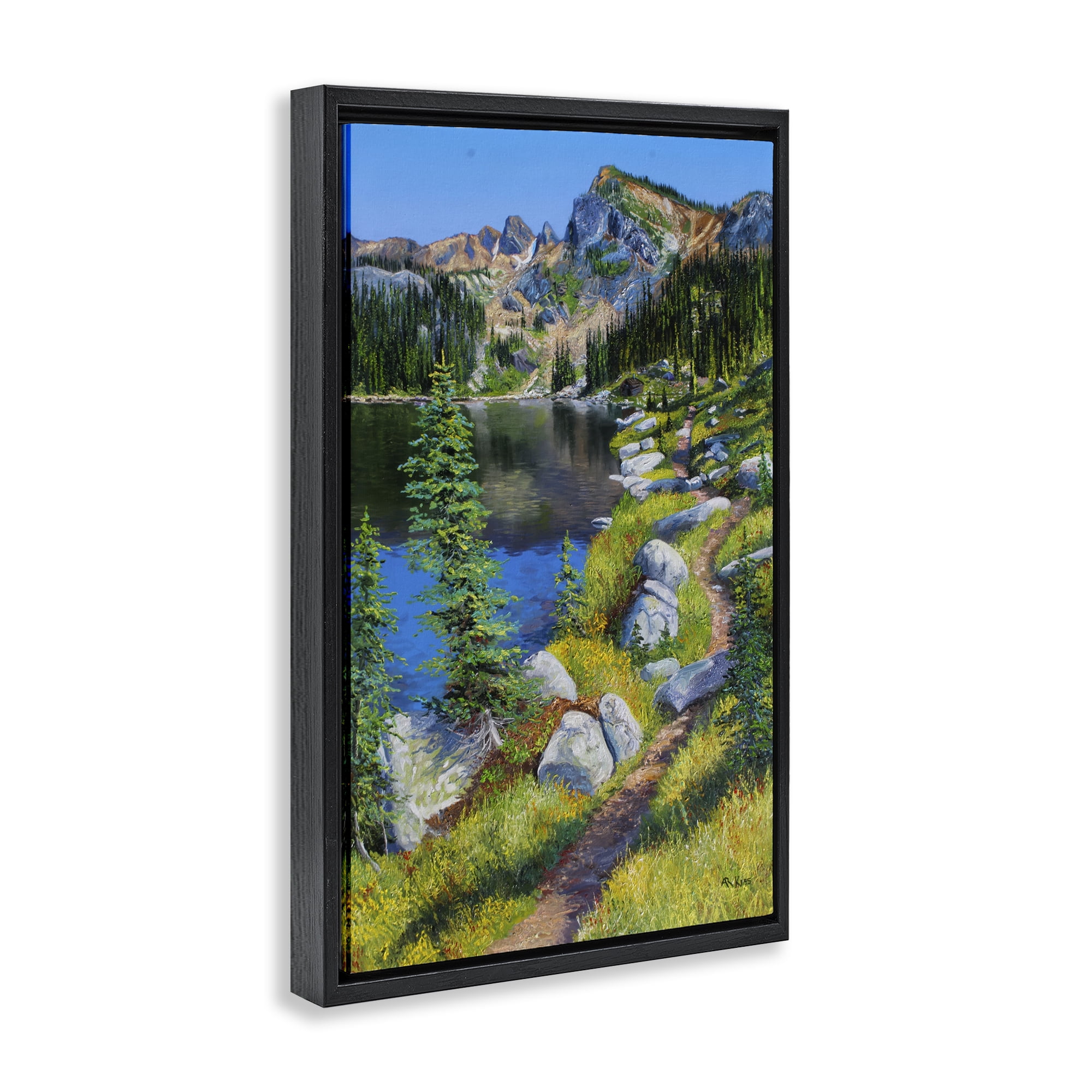 Stupell Industries Alpine Lake Landscape Landscape & Nature Painting Black Floater Framed Canvas Art Print Wall Art, 21 x 31