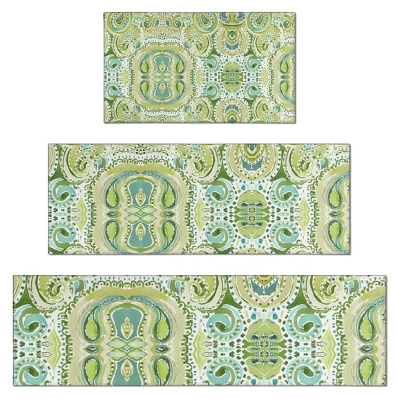 Green Ethnic Paisley Pattern Kitchen Rugs Sets Of 3,Kitchen Runner Rugs Non Skid Washable,Decorative Kitchen Floor Mats for Kitchen,Sink,Laundry,17"x30" 17"x47" 17"x59"