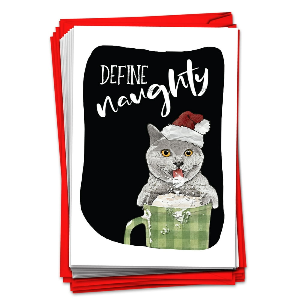 12 Boxed Merry Christmas Cards - Funny Naughty Cat, Bulk Set (1 Design, 12 Cards) C3469XSG-B12x1