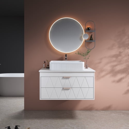 31.5 inch Modern Bathroom Vanity with Ceramic Vessel Sink, Freestanding Storage Cabinet with Rose Gold Handles and 2 Soft-Close Drawers for Small Bathroom, White and Gold