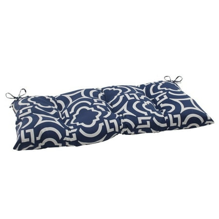 44" Geometric Navy Blue Sky Outdoor Patio Tufted Loveseat Cushion with Ties