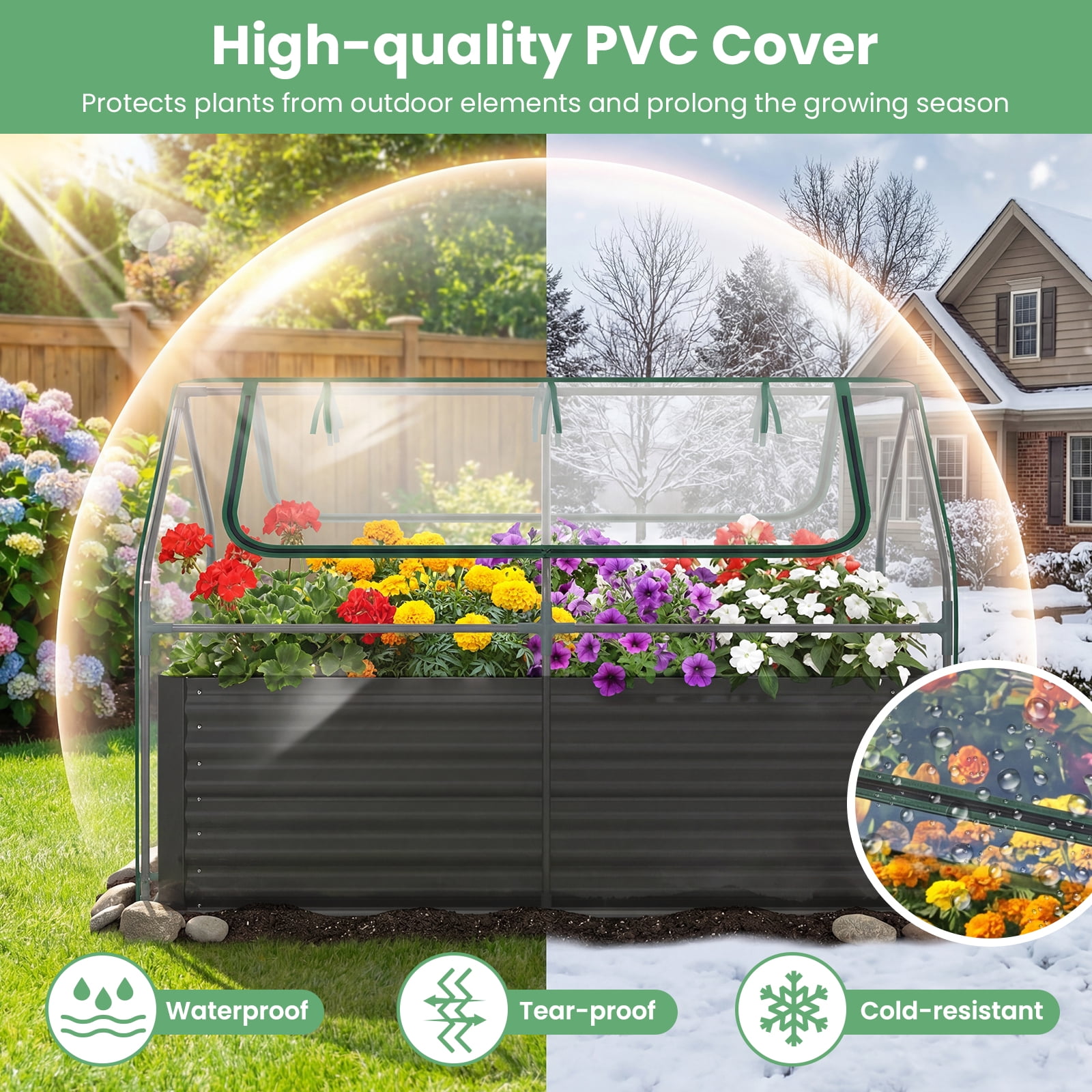 Gymax Raised Garden Bed w/ Cover 68'' x 33'' x 21'' Planter Box w/ Mini Greenhouse Black & Clear