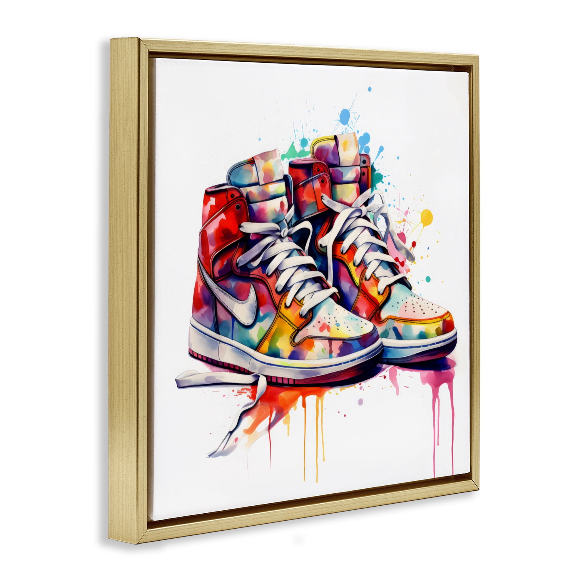 Stupell Industries Sneakers with Watercolor Drip Gold Framed Floater Canvas Wall Art, design by Creative Studio