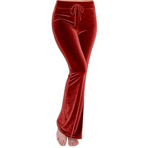 HongQid Flare Velvet Pants for Women High Waisted Wide Leg Stretch Elastic Waist Pull On Trousers Slacks