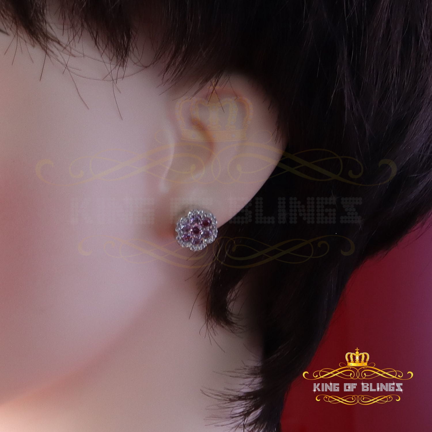 King of Bling's 925 Silver White 1.50ct VVS D Pink Moissanite Floral Men's/Women's Stud Earrings
