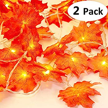 2 Pack Thanksgiving Maple Lights Fall Garland with Lights 5 Maple Cards Decor Outdoor Indoor,Total 26 ft 80 LED Maple Leaves 3 AA Battery Powered,Autumn Garland for Mantle Stairs Windows