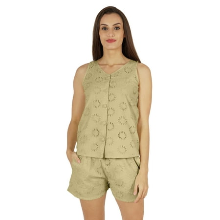 

Bimba Solid Schiffli Top And Short Nightwear Set For Womens Casual 2pcs Sexy Lounge Sleepwear