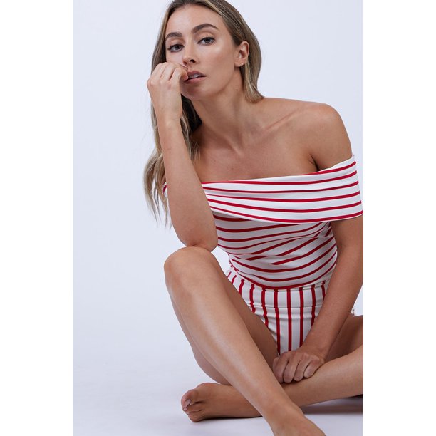 The Vera Off Shoulder One Piece Swimsuit - Red Breton Stripe Print