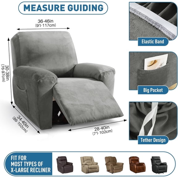 ZNSAYOTX 2026 Velvet Oversized Recliner Cover 3-Piece, Luxury Plush Recliner Chair Covers with Elastic Band & Ties Stay in Place, Stretch Reclining Slipcover for Lazy Boy Soft Washable (Grey)