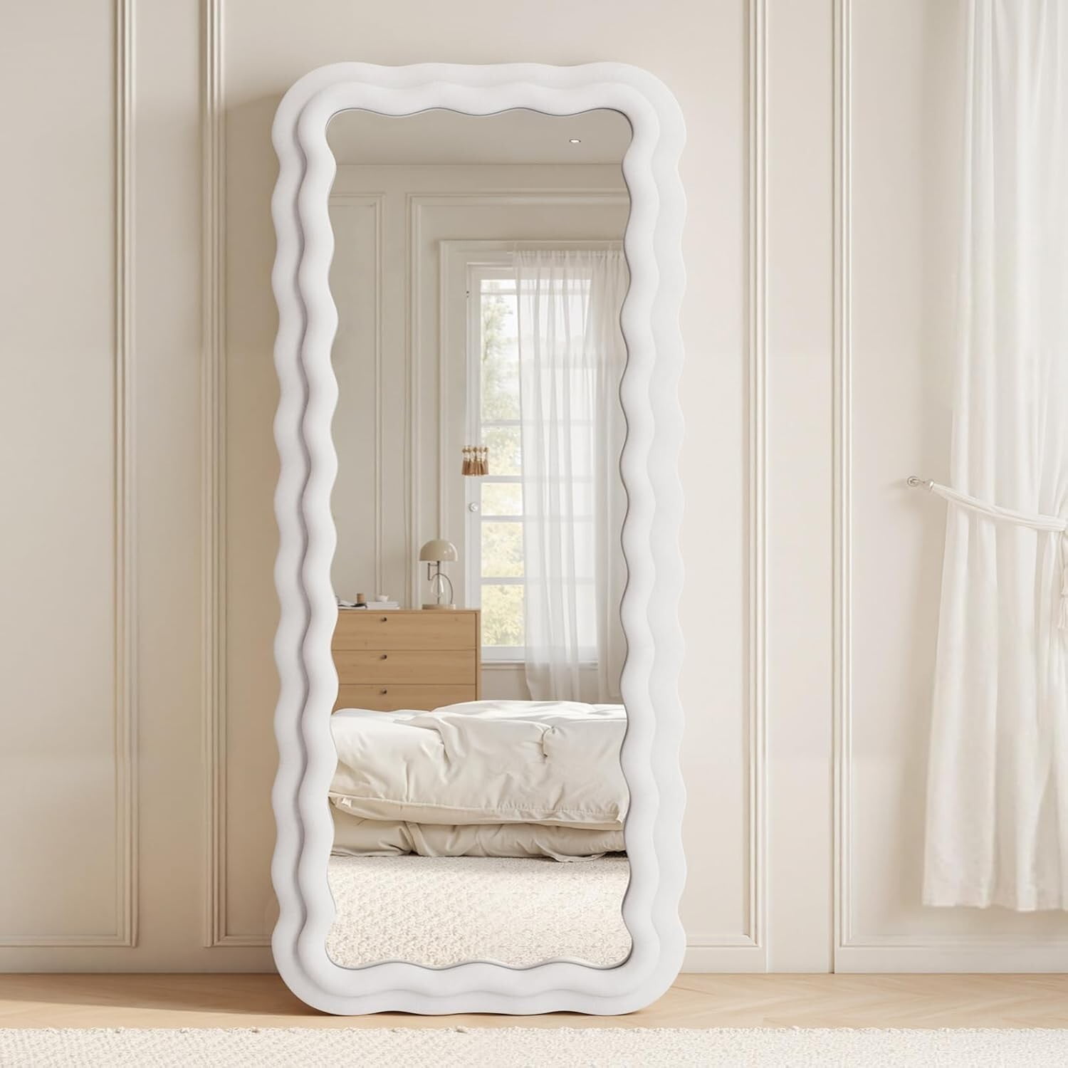 Easy4Home 63"x24" Rectangular Full Length Mirror with Wavy Flannel Frame Freestanding Decorative Round Edge Floor Mirror, White