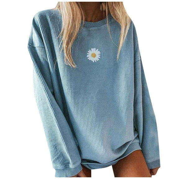 Womens Crewneck Oversized Corduroy Corded Daisy Graphic Sweatshirt Casual Long Sleeve Trendy Pullover Comfy Tops