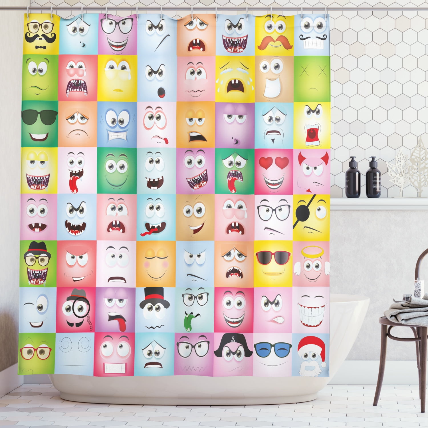 Humor Decor Shower Curtain, Stickman Meme Face Icon Looking at Computer  Joyful Fun Caricature Comic Design, Fabric Bathroom Set with Hooks, 69W X  70L