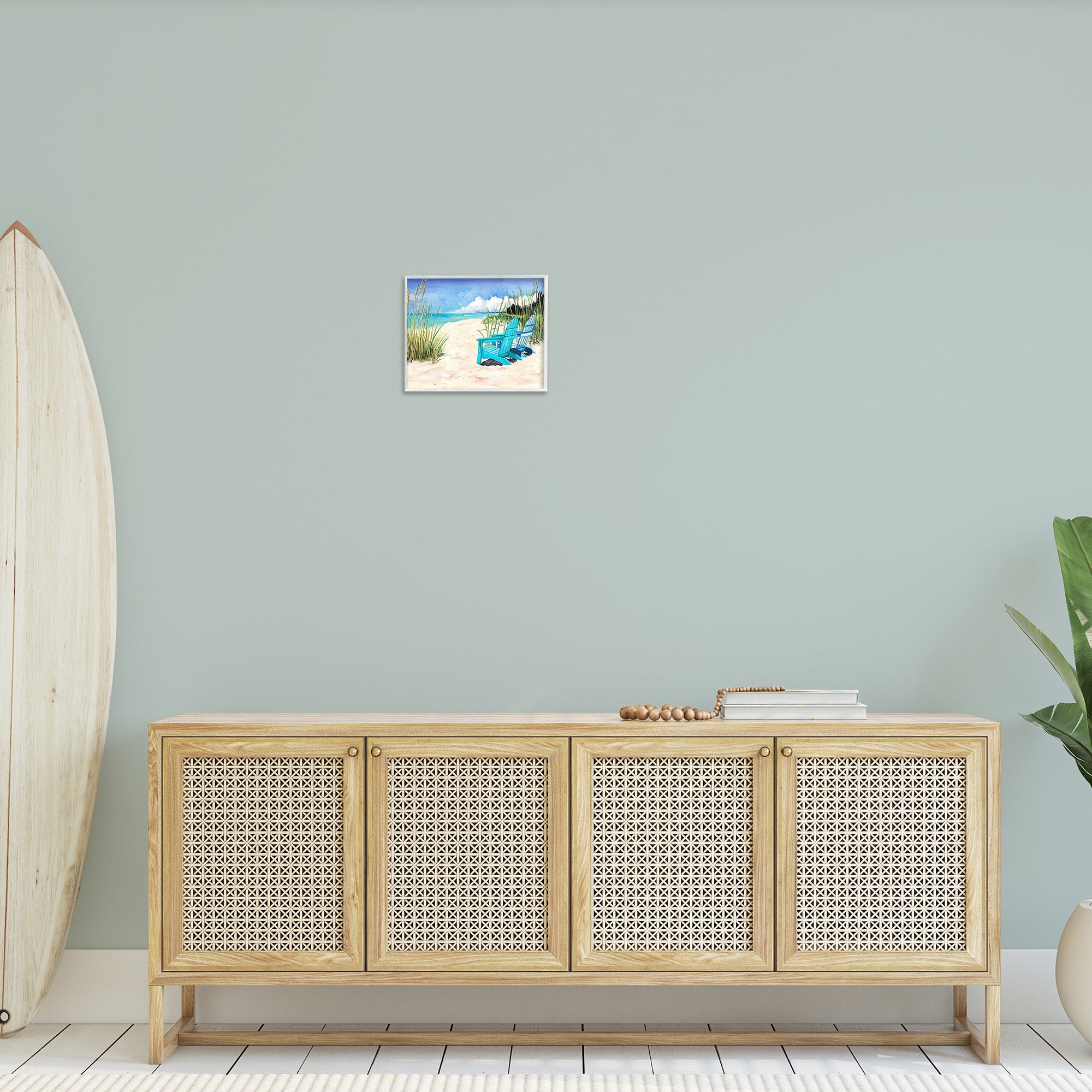 Stupell Industries Blue Beach Chairs Scene Landscape Painting White Framed Art Print Wall Art, 14 x 11
