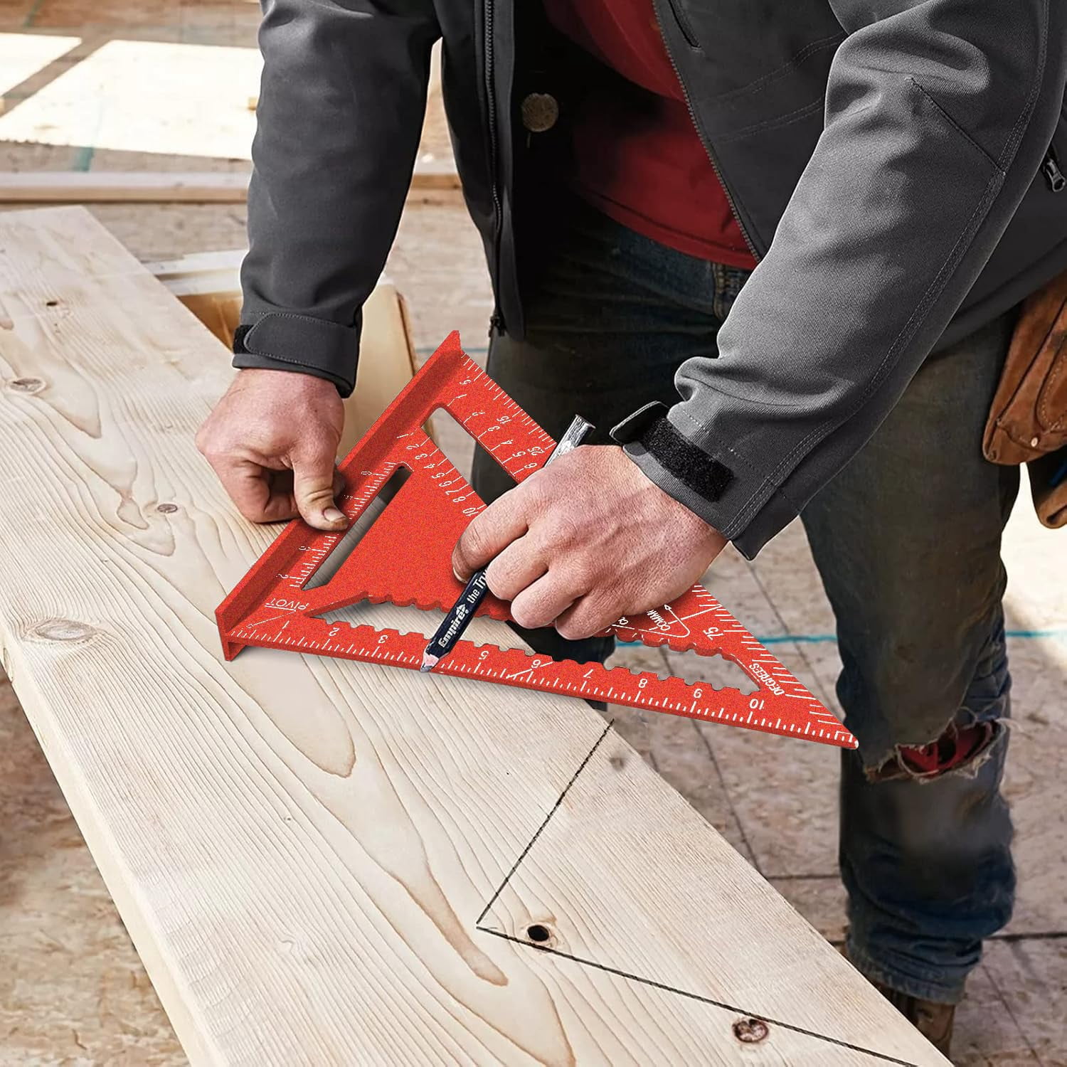 1 Piece 12 Inch Aluminum Alloy Triangular Ruler, Imperial Protractor for Woodworking, Red