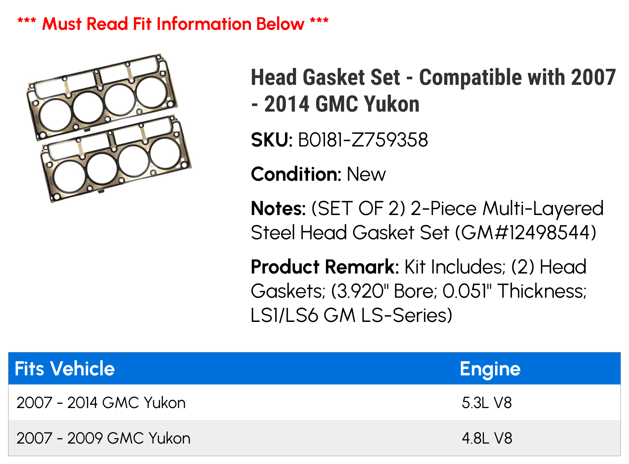Head Gasket Set Compatible with 2007 2014 GMC Yukon 2008 2009 2010 2011  2012 2013