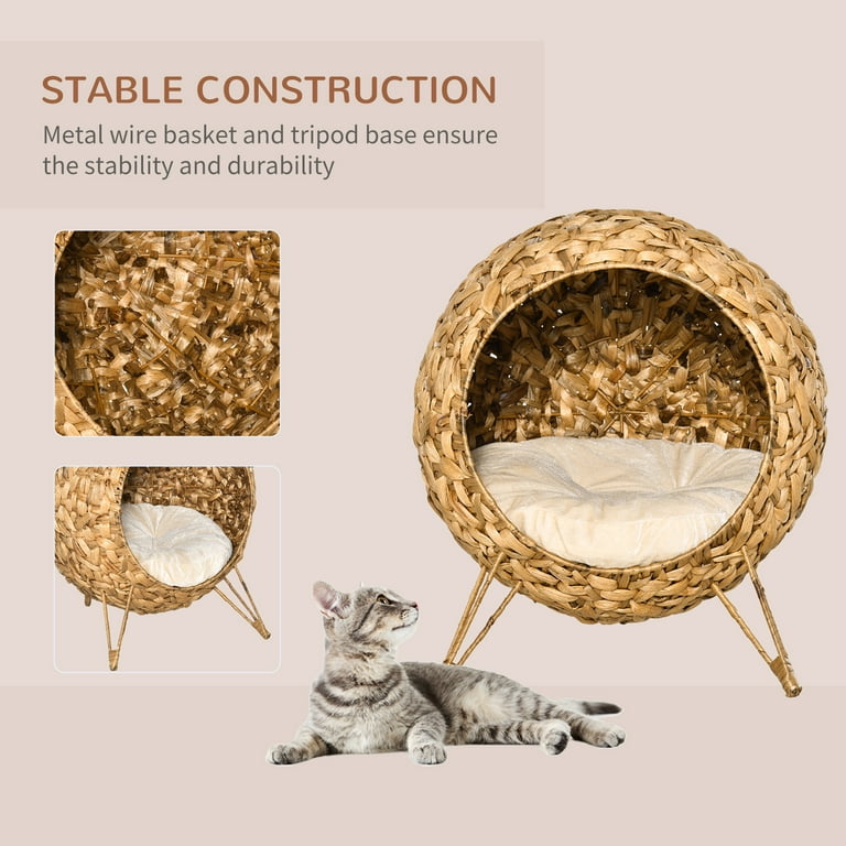Weaved Cat Bed Elevated Hand Woven Braided Banana Leaf Kitten House Condo with Cushion Natural