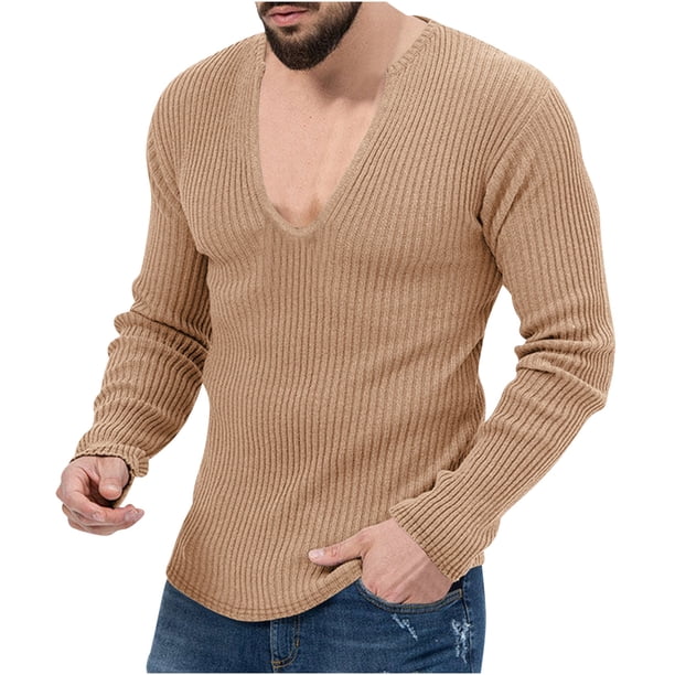 Blusas y camisas de manga larga con cuello en V para hombre, camisetas casuales de manga larga, jersey de punto, camisa de color liso con cuello en V, blusa para hombre