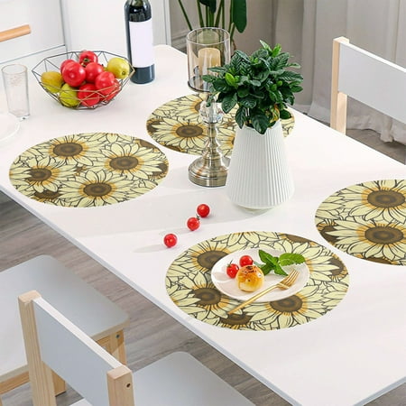 

Round Grid Placemat One Sizex1 Round Placemat PVC Plate Mat，15.4 Inch Non-Slip and Heat Resistant Table Placemat Dining Room Placemat Yellow Sunflower